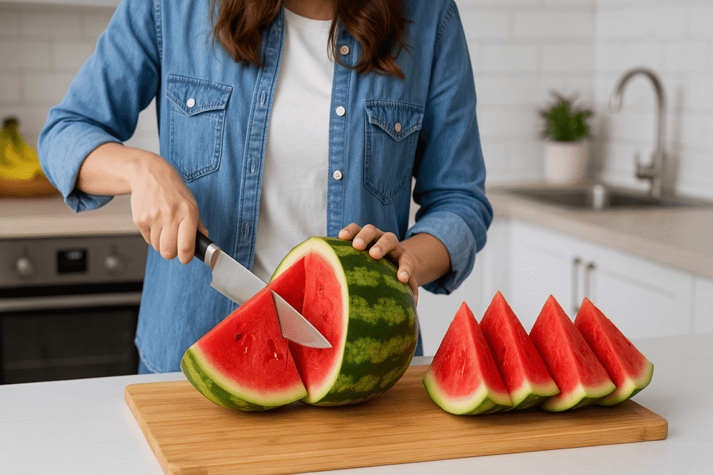 Slicing watermelon into wedges