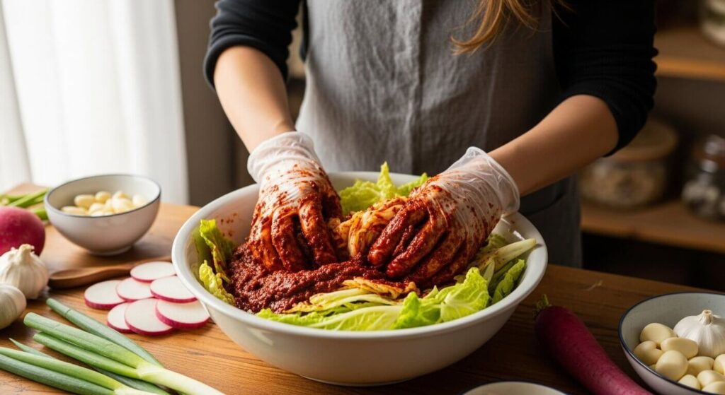Mixing the Kimchi to make kimchi